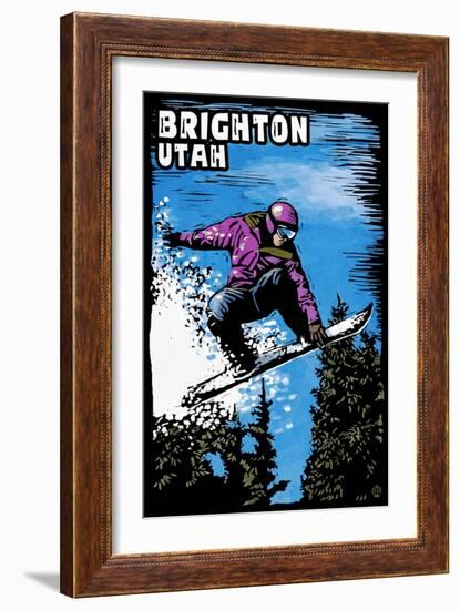 Brighton, Utah - Snowboarder - Scratchboard-Lantern Press-Framed Art Print