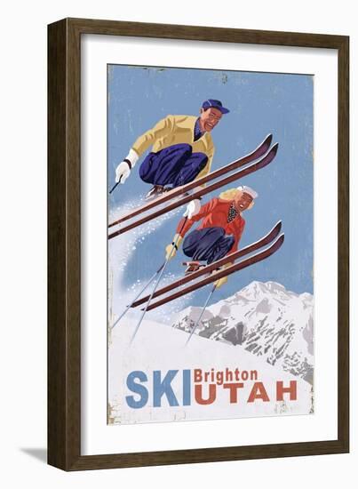 Brighton, Utah - Vintage Skiers-Lantern Press-Framed Art Print