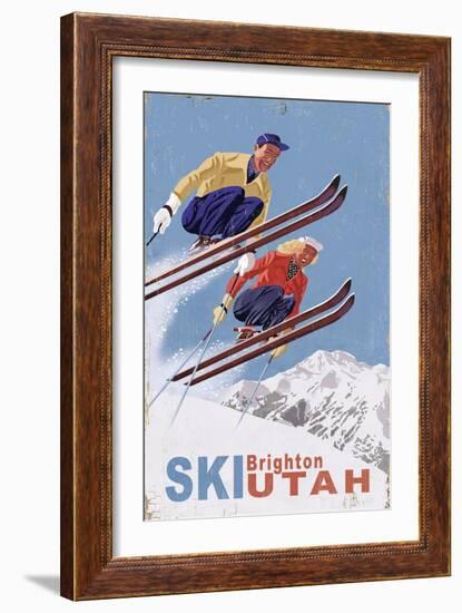 Brighton, Utah - Vintage Skiers-Lantern Press-Framed Art Print