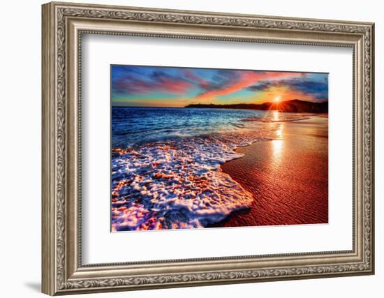 Brilliant Vacation Destination Beach Sunrise with Colorful Sand Bright Sea Foam Pink Clouds and Dis-West Coast Scapes-Framed Photographic Print