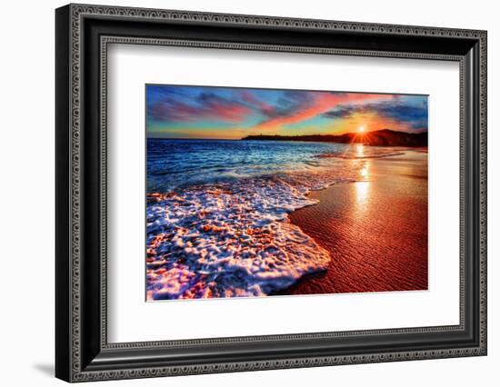 Brilliant Vacation Destination Beach Sunrise with Colorful Sand Bright Sea Foam Pink Clouds and Dis-West Coast Scapes-Framed Photographic Print