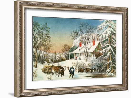 Bringing Home the Logs, Winter Landscape-Currier & Ives-Framed Giclee Print