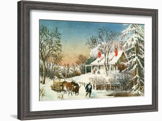 Bringing Home the Logs, Winter Landscape-Currier & Ives-Framed Giclee Print