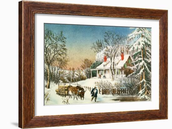 Bringing Home the Logs, Winter Landscape-Currier & Ives-Framed Giclee Print