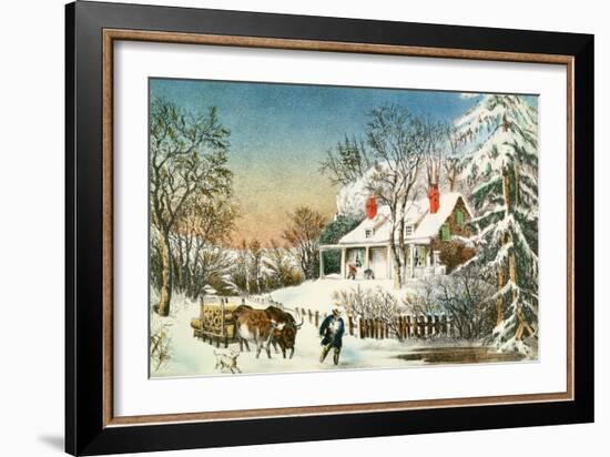 Bringing Home the Logs, Winter Landscape-Currier & Ives-Framed Giclee Print