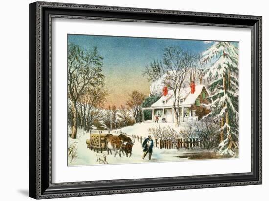 Bringing Home the Logs, Winter Landscape-Currier & Ives-Framed Giclee Print