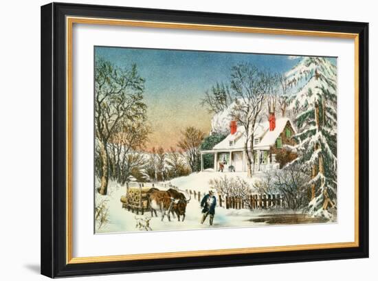 Bringing Home the Logs, Winter Landscape-Currier & Ives-Framed Giclee Print