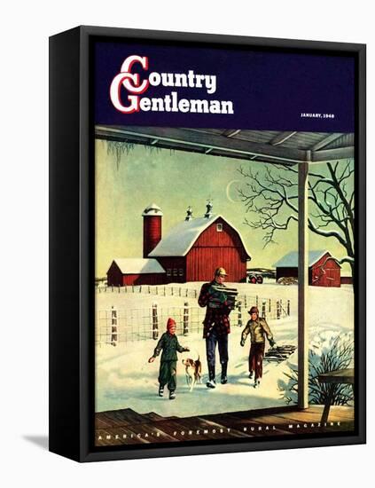 "Bringing in Firewood," Country Gentleman Cover, January 1, 1948-Francesco Delle Donne-Framed Premier Image Canvas