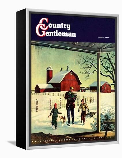 "Bringing in Firewood," Country Gentleman Cover, January 1, 1948-Francesco Delle Donne-Framed Premier Image Canvas