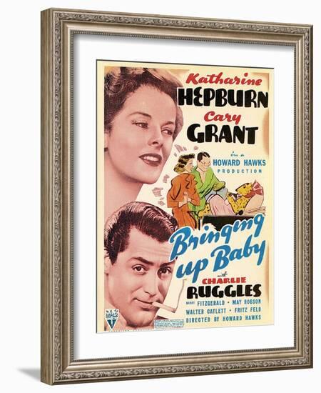 Bringing Up Baby, Katharine Hepburn, Cary Grant on window card, 1938-null-Framed Art Print