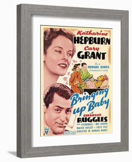 Bringing Up Baby, Katharine Hepburn, Cary Grant on window card, 1938-null-Framed Art Print