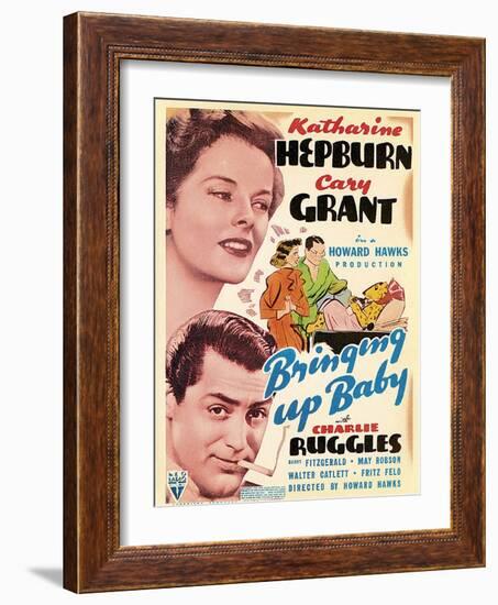 Bringing Up Baby, Katharine Hepburn, Cary Grant on window card, 1938-null-Framed Art Print