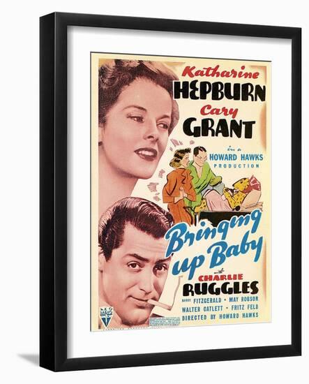 Bringing Up Baby, Katharine Hepburn, Cary Grant on window card, 1938-null-Framed Art Print