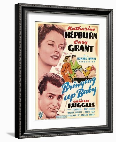 Bringing Up Baby, Katharine Hepburn, Cary Grant on window card, 1938-null-Framed Art Print