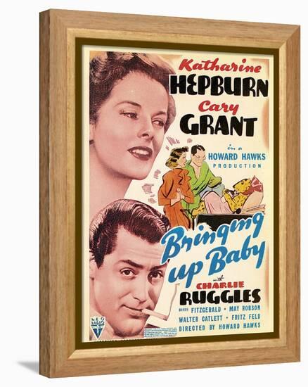 Bringing Up Baby, Katharine Hepburn, Cary Grant on window card, 1938-null-Framed Stretched Canvas