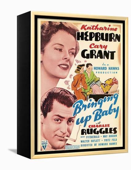 Bringing Up Baby, Katharine Hepburn, Cary Grant on window card, 1938-null-Framed Stretched Canvas