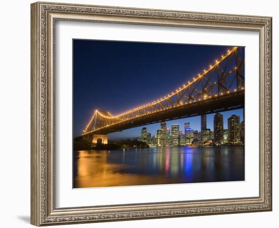 Brisbane City Skyline at Dusk, Queensland, Story Bridge Illuminated, Brisbane River, Australia-Andrew Watson-Framed Photographic Print