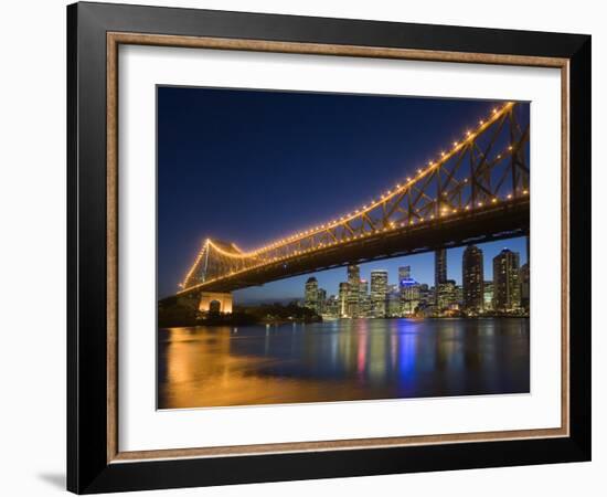 Brisbane City Skyline at Dusk, Queensland, Story Bridge Illuminated, Brisbane River, Australia-Andrew Watson-Framed Photographic Print