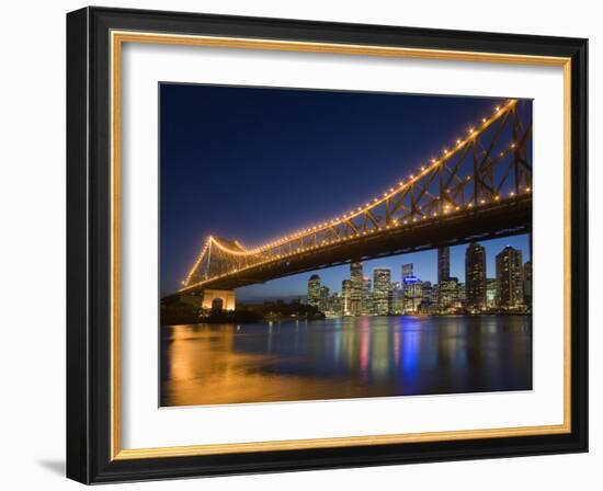 Brisbane City Skyline at Dusk, Queensland, Story Bridge Illuminated, Brisbane River, Australia-Andrew Watson-Framed Photographic Print