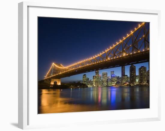 Brisbane City Skyline at Dusk, Queensland, Story Bridge Illuminated, Brisbane River, Australia-Andrew Watson-Framed Photographic Print