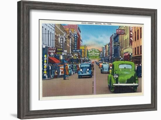 Bristol, Virginia - View of State Street and Bristol, Tennessee-Lantern Press-Framed Art Print