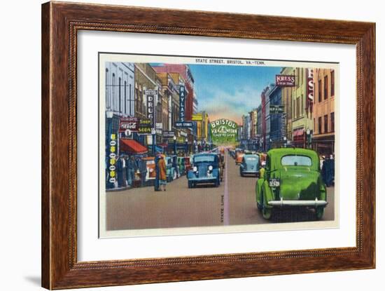 Bristol, Virginia - View of State Street and Bristol, Tennessee-Lantern Press-Framed Art Print