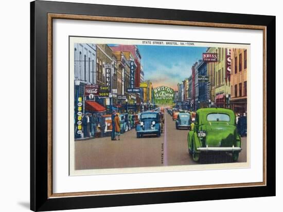 Bristol, Virginia - View of State Street and Bristol, Tennessee-Lantern Press-Framed Art Print