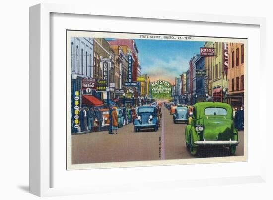 Bristol, Virginia - View of State Street and Bristol, Tennessee-Lantern Press-Framed Art Print