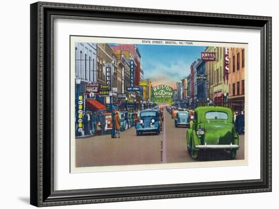 Bristol, Virginia - View of State Street and Bristol, Tennessee-Lantern Press-Framed Art Print