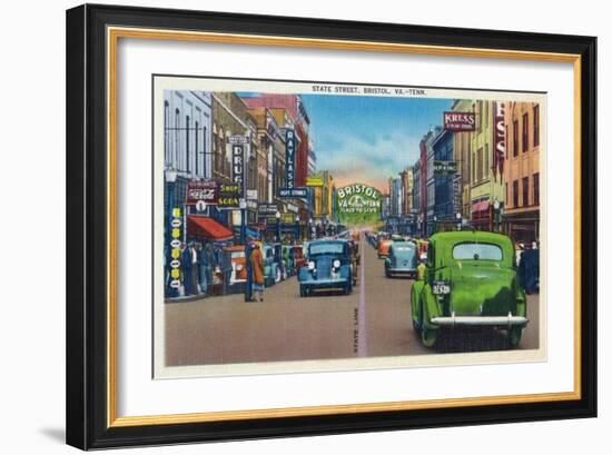 Bristol, Virginia - View of State Street and Bristol, Tennessee-Lantern Press-Framed Art Print