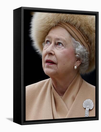 Britain's Queen Elizabeth II Looks Up at the Statue of Her Mother at the Unveiling Ceremony-null-Framed Premier Image Canvas