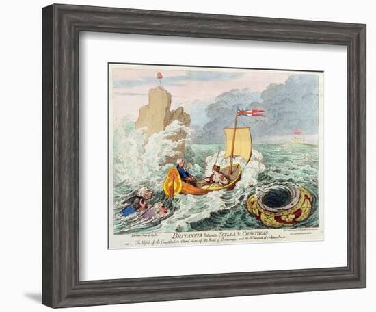 Britannia Between Scylla and Charybdis, or the Vessel of Constitution Steered Clear of the Rock…-James Gillray-Framed Giclee Print