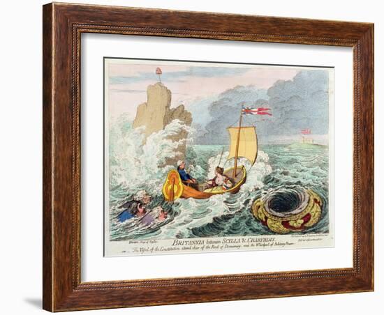 Britannia Between Scylla and Charybdis, or the Vessel of Constitution Steered Clear of the Rock…-James Gillray-Framed Giclee Print