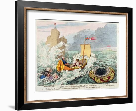 Britannia Between Scylla and Charybdis, or the Vessel of Constitution Steered Clear of the Rock…-James Gillray-Framed Giclee Print