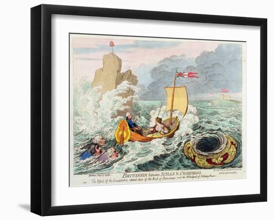 Britannia Between Scylla and Charybdis, or the Vessel of Constitution Steered Clear of the Rock…-James Gillray-Framed Giclee Print