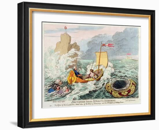 Britannia Between Scylla and Charybdis, or the Vessel of Constitution Steered Clear of the Rock…-James Gillray-Framed Giclee Print