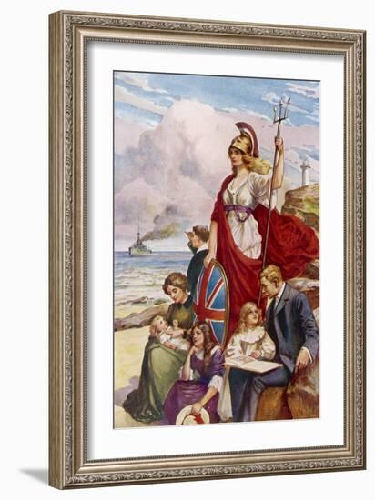 Britannia Guards Our Coasts, Protecting a Typical English Family-null-Framed Art Print