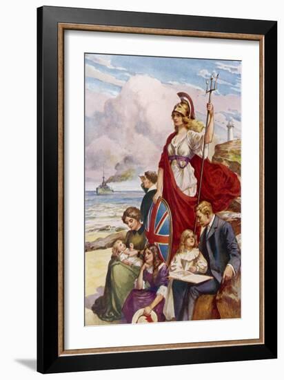 Britannia Guards Our Coasts, Protecting a Typical English Family-null-Framed Art Print