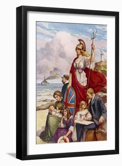 Britannia Guards Our Coasts, Protecting a Typical English Family-null-Framed Art Print