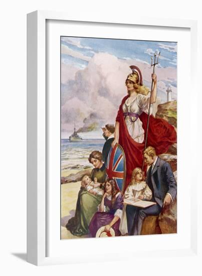 Britannia Guards Our Coasts, Protecting a Typical English Family-null-Framed Art Print