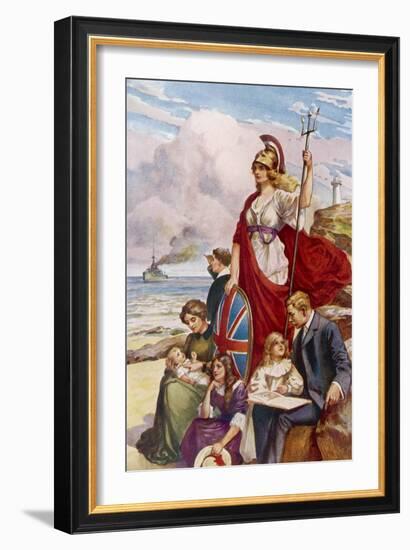 Britannia Guards Our Coasts, Protecting a Typical English Family-null-Framed Art Print