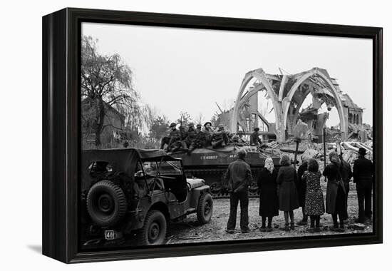 British 49th Armoured Personnel Carrier Regiment Tank Passes Civilians and a Damaged Church-George Silk-Framed Premier Image Canvas