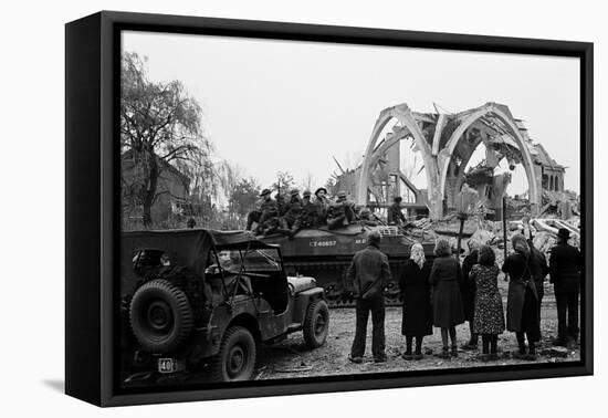 British 49th Armoured Personnel Carrier Regiment Tank Passes Civilians and a Damaged Church-George Silk-Framed Premier Image Canvas