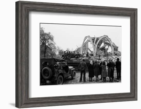 British 49th Armoured Personnel Carrier Regiment Tank Passes Civilians and a Damaged Church-George Silk-Framed Photographic Print