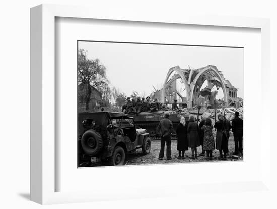 British 49th Armoured Personnel Carrier Regiment Tank Passes Civilians and a Damaged Church-George Silk-Framed Photographic Print