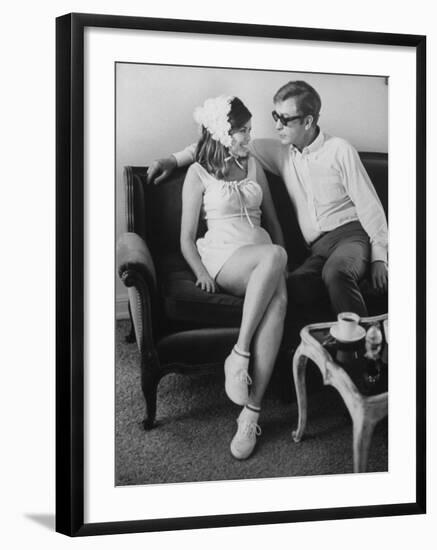 British Actor Michael Caine Talking with an Unknown Woman-null-Framed Premium Photographic Print