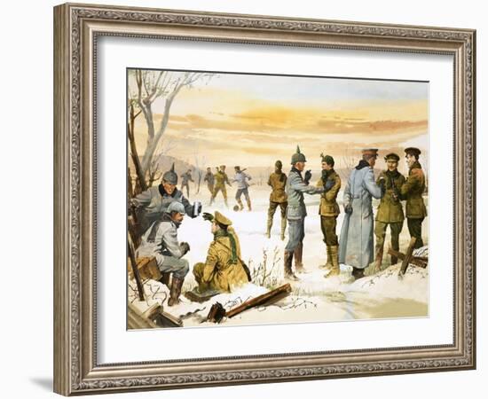 British and German Soldiers Hold a Christmas Truce During the Great War-Angus Mcbride-Framed Giclee Print