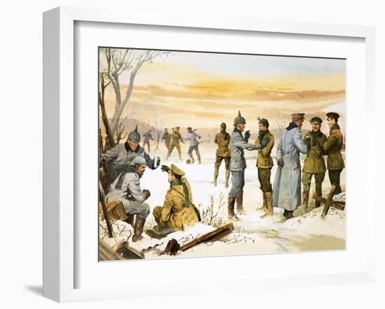 British and German Soldiers Hold a Christmas Truce During the Great War-Angus Mcbride-Framed Giclee Print