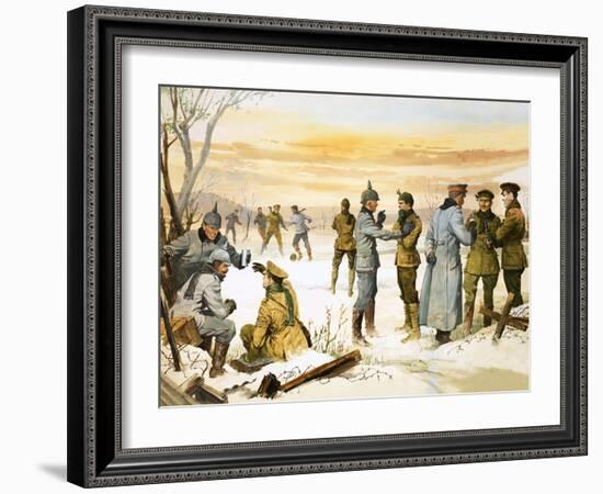 British and German Soldiers Hold a Christmas Truce During the Great War-Angus Mcbride-Framed Giclee Print