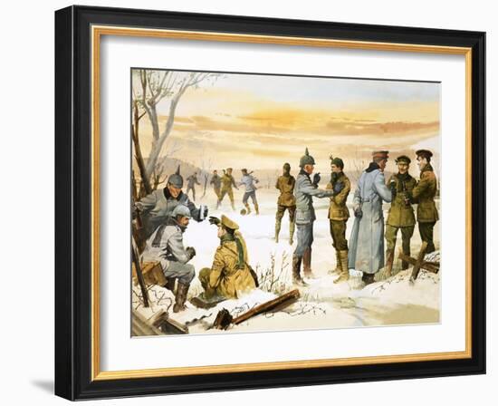 British and German Soldiers Hold a Christmas Truce During the Great War-Angus Mcbride-Framed Giclee Print